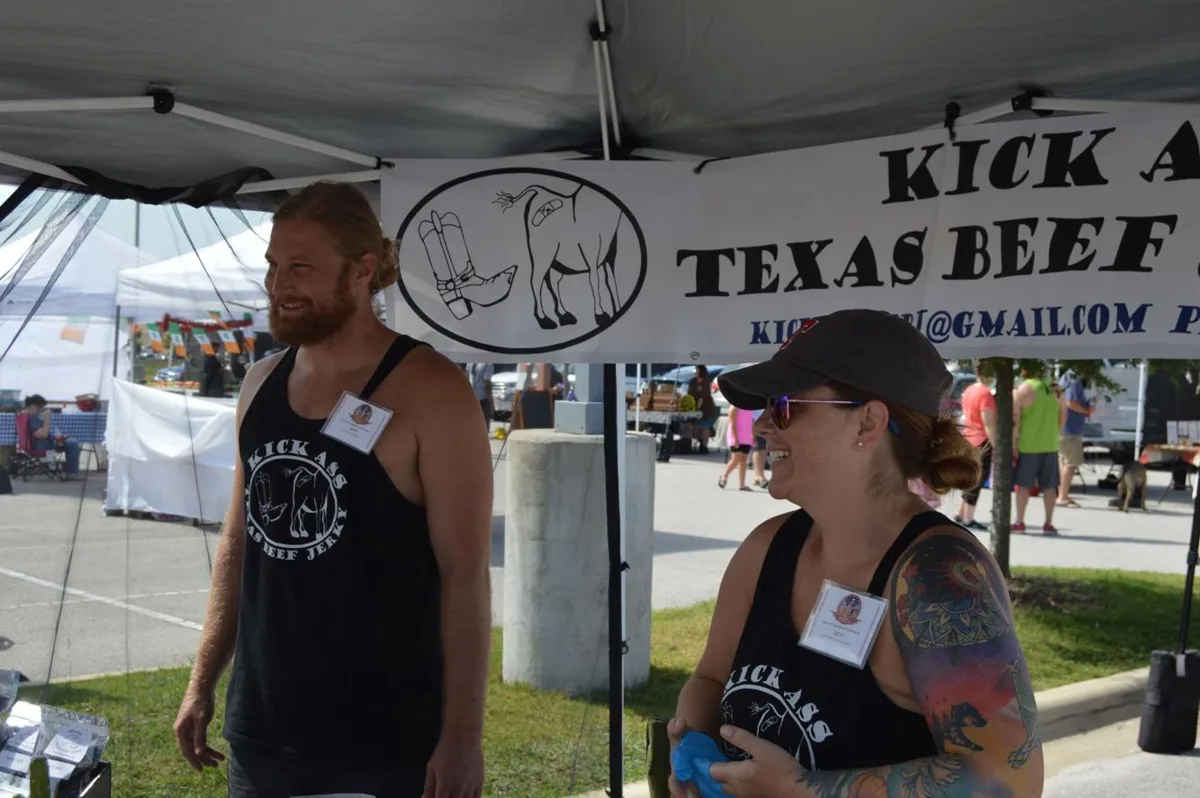 Brandon Gillespie and Christeen McMahon at their Kick Ass Texas Beef Jerky market stand